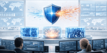 A modern enterprise cybersecurity operations center displaying a blue digital interface with a large shield blocking incoming cyberattack streams and three glowing defense barriers representing deny, disrupt, and deceive strategies in a corporate monitoring environment.