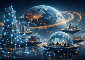 Futuristic illustration of AI-first startups powering global business networks, with interconnected smart cities and data flows across the world.