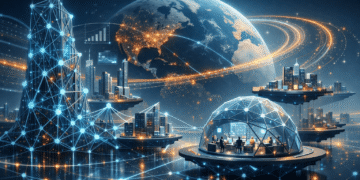 Futuristic illustration of AI-first startups powering global business networks, with interconnected smart cities and data flows across the world.