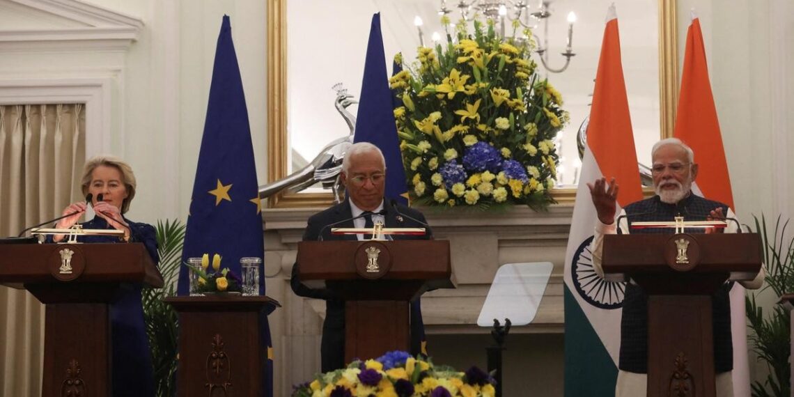 European Commission President Ursula von der Leyen, Indian Prime Minister Narendra Modi, and European Council President António Costa speaking at a joint press conference in New Delhi during the India–EU trade deal announcement.