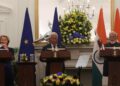 European Commission President Ursula von der Leyen, Indian Prime Minister Narendra Modi, and European Council President António Costa speaking at a joint press conference in New Delhi during the India–EU trade deal announcement.