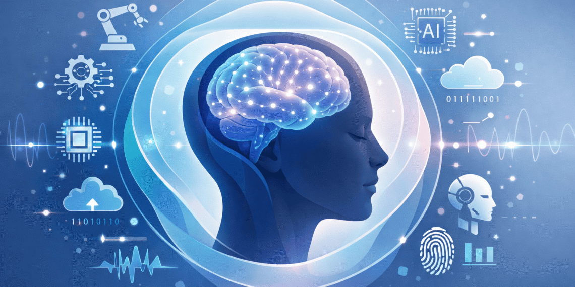 Illustration of a human brain surrounded by AI icons and digital signals, representing the impact of artificial intelligence on mental wellbeing and cognitive load.