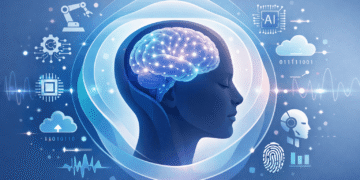 Illustration of a human brain surrounded by AI icons and digital signals, representing the impact of artificial intelligence on mental wellbeing and cognitive load.