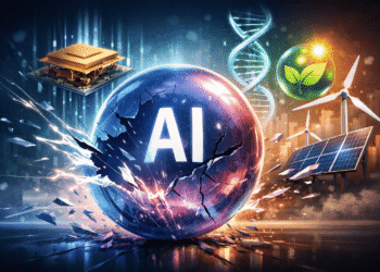 Cracked AI sphere symbolizing a bursting AI bubble, surrounded by emerging technologies like quantum chips, DNA helix, renewable energy, and clean tech innovation.