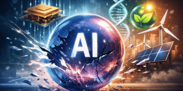 Cracked AI sphere symbolizing a bursting AI bubble, surrounded by emerging technologies like quantum chips, DNA helix, renewable energy, and clean tech innovation.