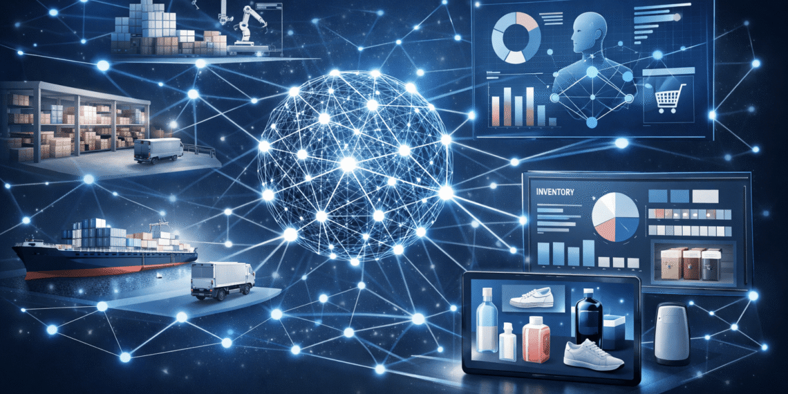 Generative AI network connecting retail supply chain, warehouse logistics, inventory dashboards, shipping, and product analytics across a digital enterprise ecosystem.