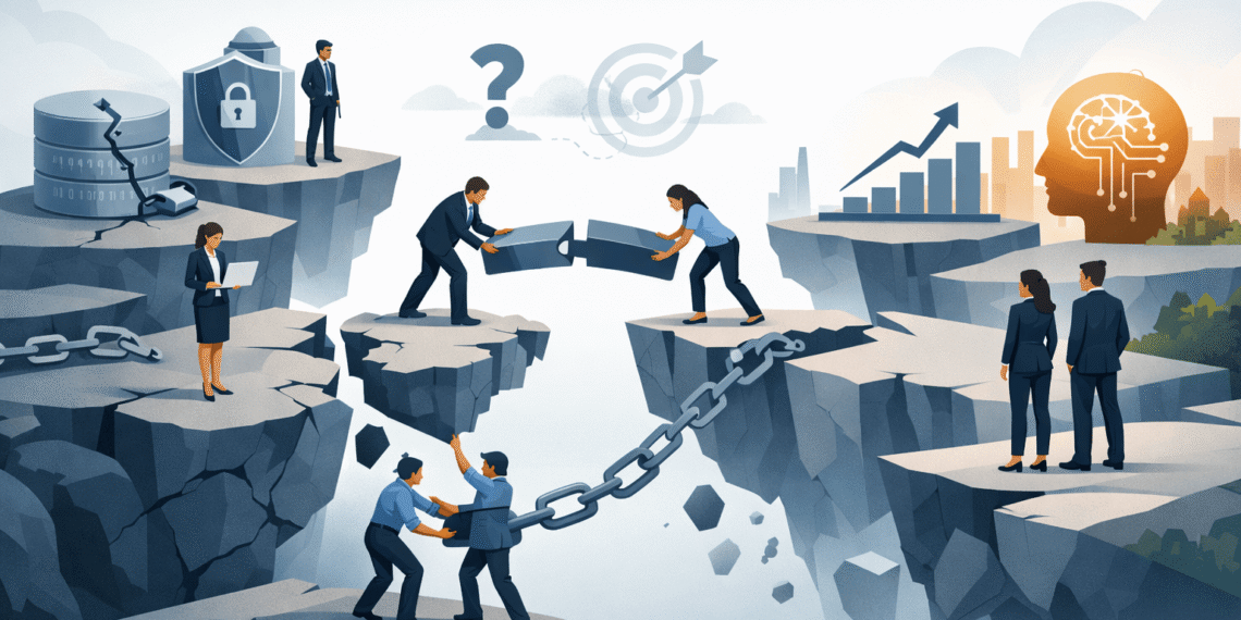Illustration of business professionals bridging a broken gap with puzzle pieces and chains, symbolizing challenges in AI governance, data integration, and cross-functional collaboration.