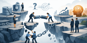 Illustration of business professionals bridging a broken gap with puzzle pieces and chains, symbolizing challenges in AI governance, data integration, and cross-functional collaboration.