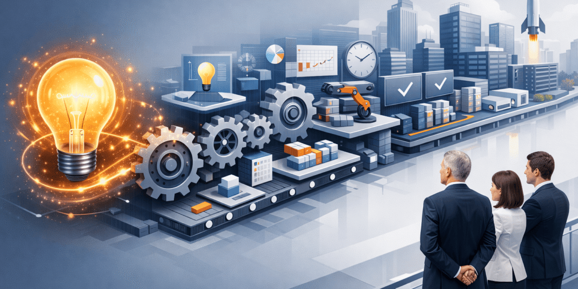 Illustration showing a glowing idea transforming into a structured execution process with gears, timelines, automation systems, and completed enterprise solutions, observed by business leaders in a modern corporate environment.