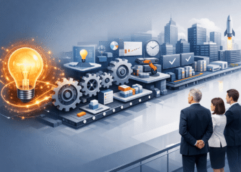 Illustration showing a glowing idea transforming into a structured execution process with gears, timelines, automation systems, and completed enterprise solutions, observed by business leaders in a modern corporate environment.