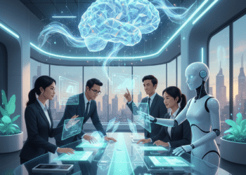 Professionals collaborating with an AI robot in a modern office, interacting with digital interfaces under a holographic brain representing human-AI teamwork.