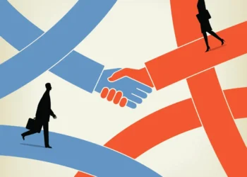 Illustration of two business professionals approaching a handshake across intersecting paths, symbolizing corporate partnership, collaboration, and strategic alignment.