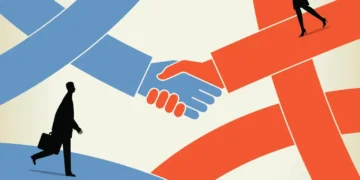 Illustration of two business professionals approaching a handshake across intersecting paths, symbolizing corporate partnership, collaboration, and strategic alignment.
