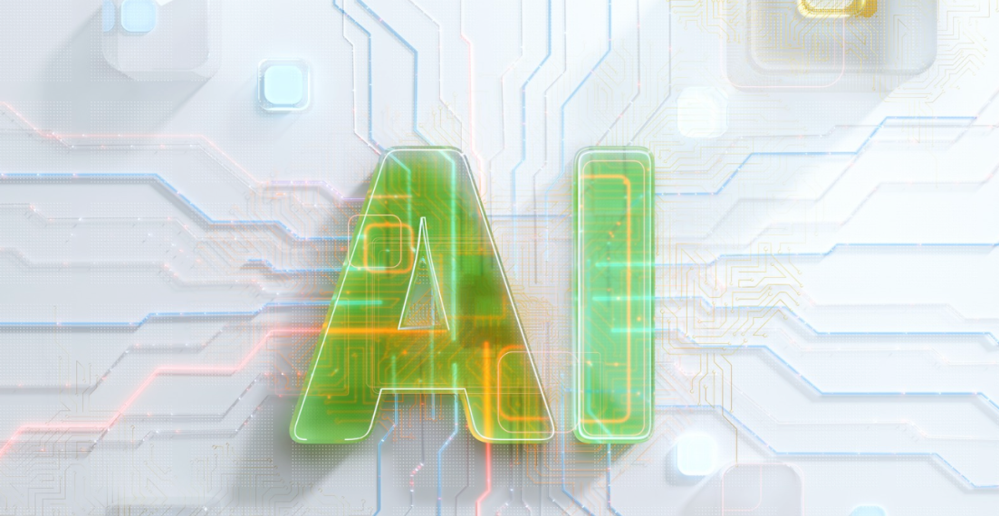 Glowing AI lettering over a digital circuit background representing artificial intelligence and advanced computing systems.