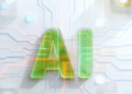Glowing AI lettering over a digital circuit background representing artificial intelligence and advanced computing systems.