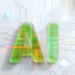Glowing AI lettering over a digital circuit background representing artificial intelligence and advanced computing systems.
