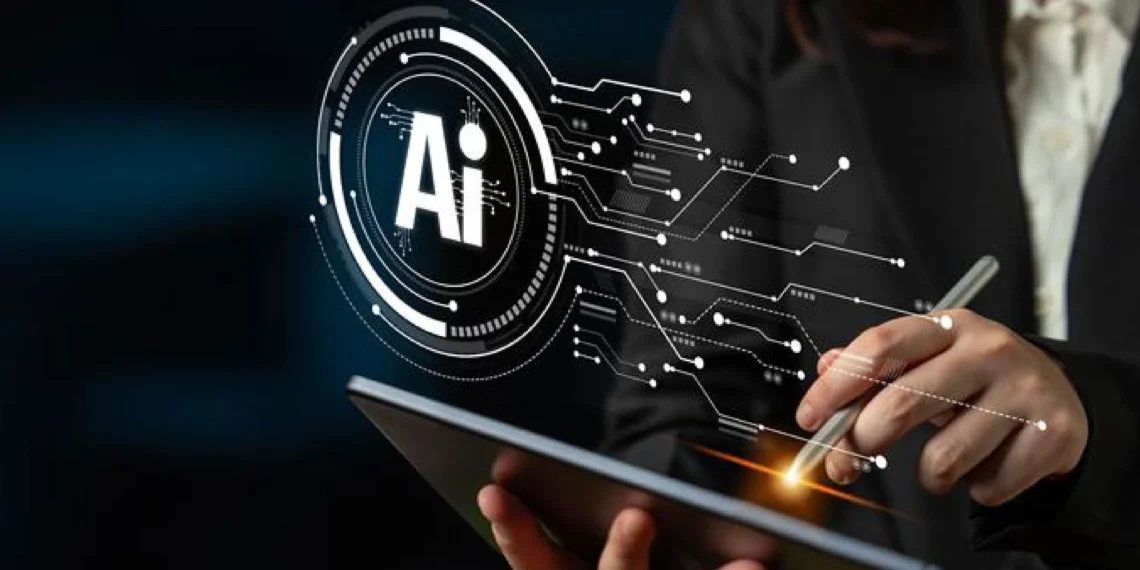 Professional using a tablet with a digital AI interface overlay, representing artificial intelligence, data security, and enterprise technology.