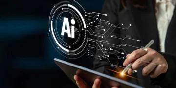 Professional using a tablet with a digital AI interface overlay, representing artificial intelligence, data security, and enterprise technology.