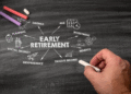 Chalkboard illustration of early retirement planning concepts including savings, passive income, investments, social security, and financial independence.