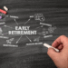 Chalkboard illustration of early retirement planning concepts including savings, passive income, investments, social security, and financial independence.